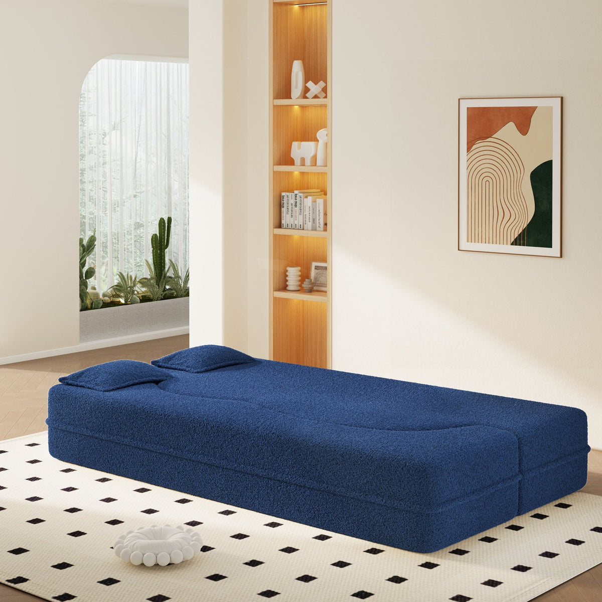 Modern Floor Sleeper Sofa Bed With 2 Pillows, Convertible Twin Size Folding Mattress For Living Room