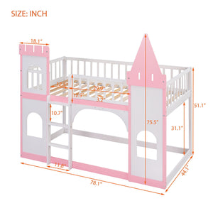 Twin Over Twin Castle Bunk Bed With Ladder - Pink