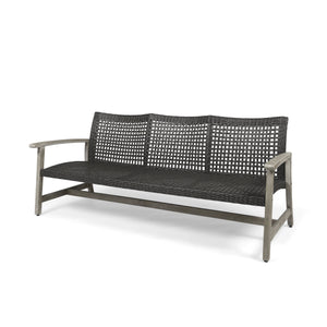 Outdoor Acacia Wood Wicker 3-Seater Sofa, Patio Furniture Conversation Set for Backyard