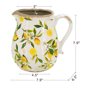 7.9x6.5x7.9" White Ceramic Pitcher Vase with Yellow Lemon Motif
