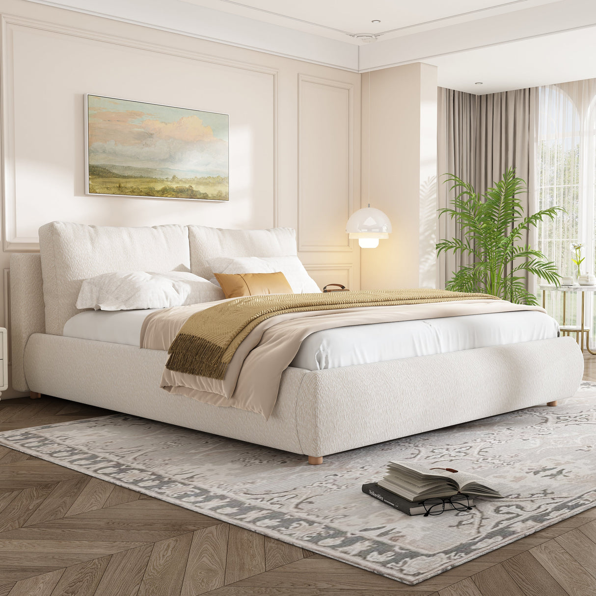 Queen Size Upholstered Platform Bed with Two Removable Pillow Headboard