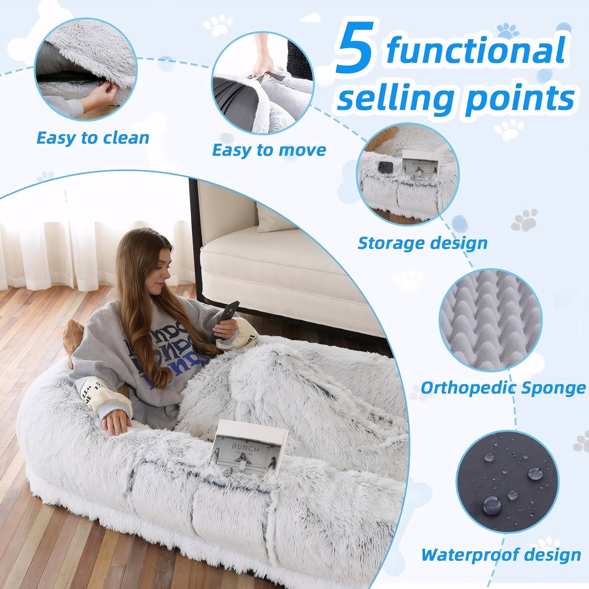 Human Dog Bed with Washable Faux Fur and Orthopedic Support