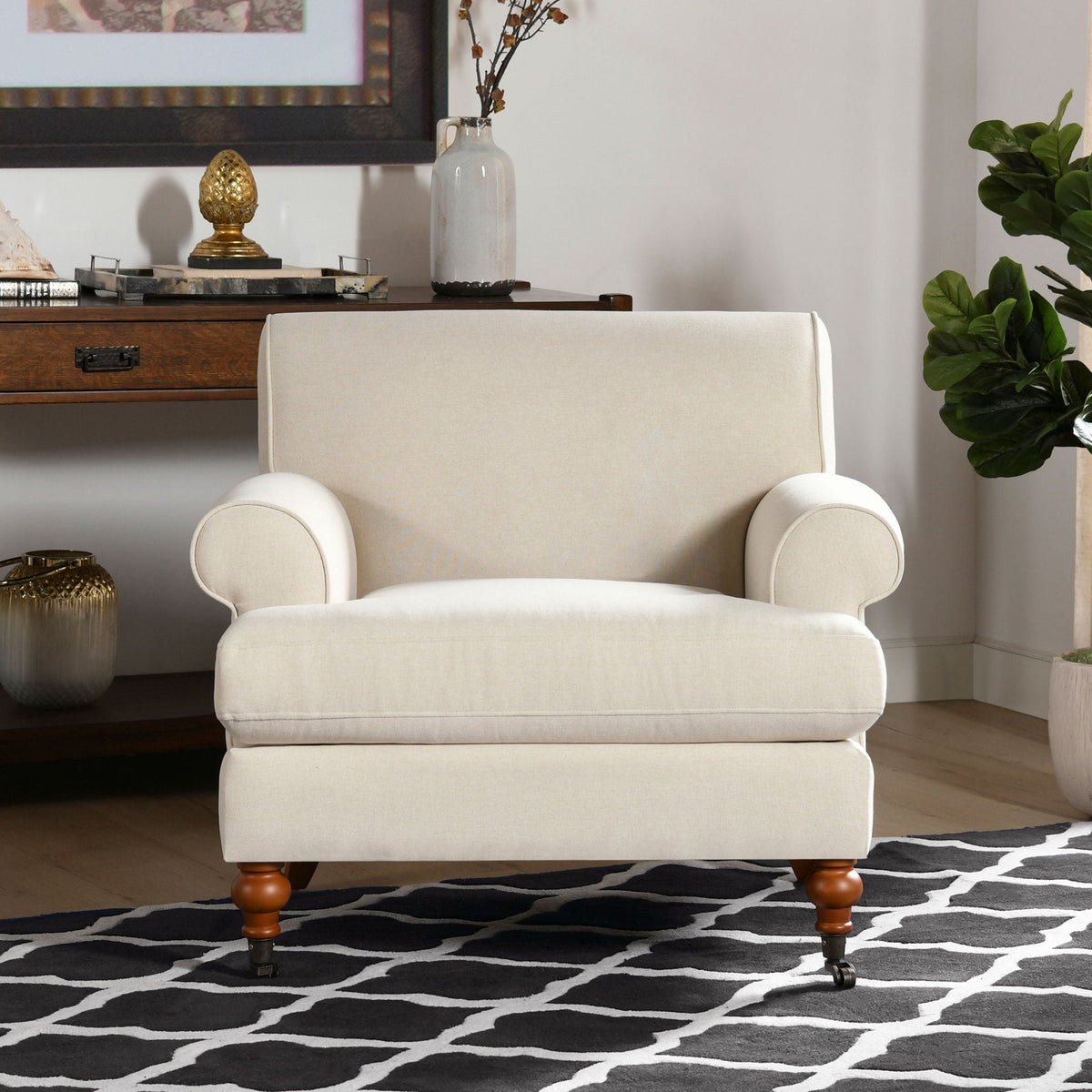 Accent Arm Chair with Casters – Solid Hardwood Frame - Blue or Beige