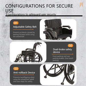 Lightweight Foldable Nursing Wheelchair For Adults Double X Force Support, 300Lbs Capacity, Breathable Cushion & Anti Backflip Design With Tires, Adjustable Seat Belt, Quick Release Wheels - Gray