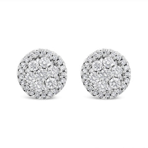 AGS Certified 14K White Gold 1.0 Cttw Brilliant-Cut Diamond Halo-Style Cluster Round Button Stud Earrings (G-H Color, I1-I2 Clarity)