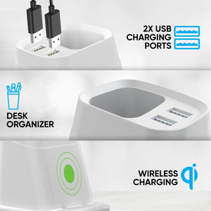 Wireless Charging Stand with Dual USB Charger & Desk Organizer