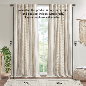 Cotton Printed Curtain Panel with Chenille Stripe - Ivory