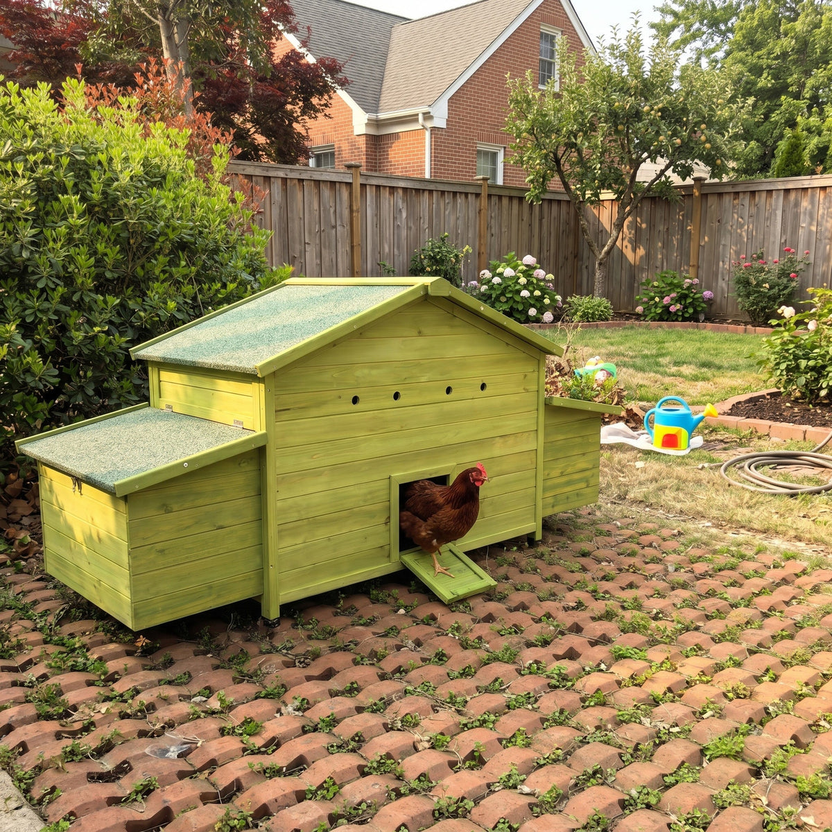 70" Large Wooden Chicken Coop with Nesting Boxes and Waterproof Roof - Green or Brick Red