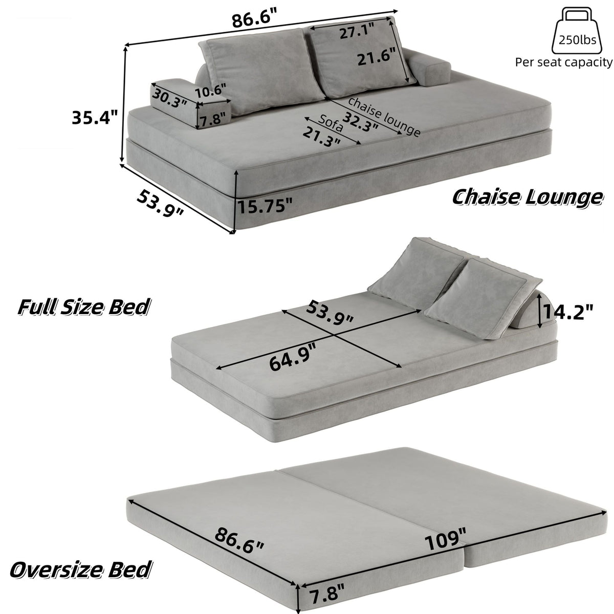 Convertible Fabric Futon Sofa Bed with Tumbler Backrests and Pillows - Gray or Beige