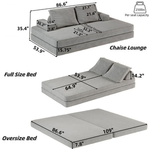 Convertible Fabric Futon Sofa Bed with Tumbler Backrests and Pillows - Gray or Beige