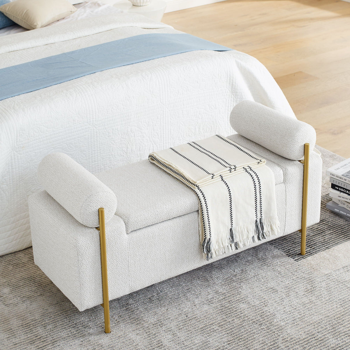 Elegant Upholstered Storage Bench With Cylindrical Arms And Iron Legs,