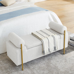 Elegant Upholstered Storage Bench With Cylindrical Arms And Iron Legs,