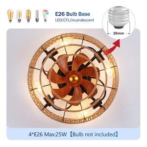 20" Rope Caged Flush Mount Ceiling Fan with Light Kit and Remote Control