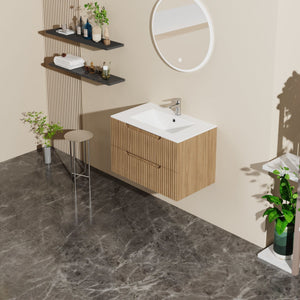 30" Wall Mounted Bathroom Vanity With Sink, Soft Close System, And Spacious Drawers - Walnut