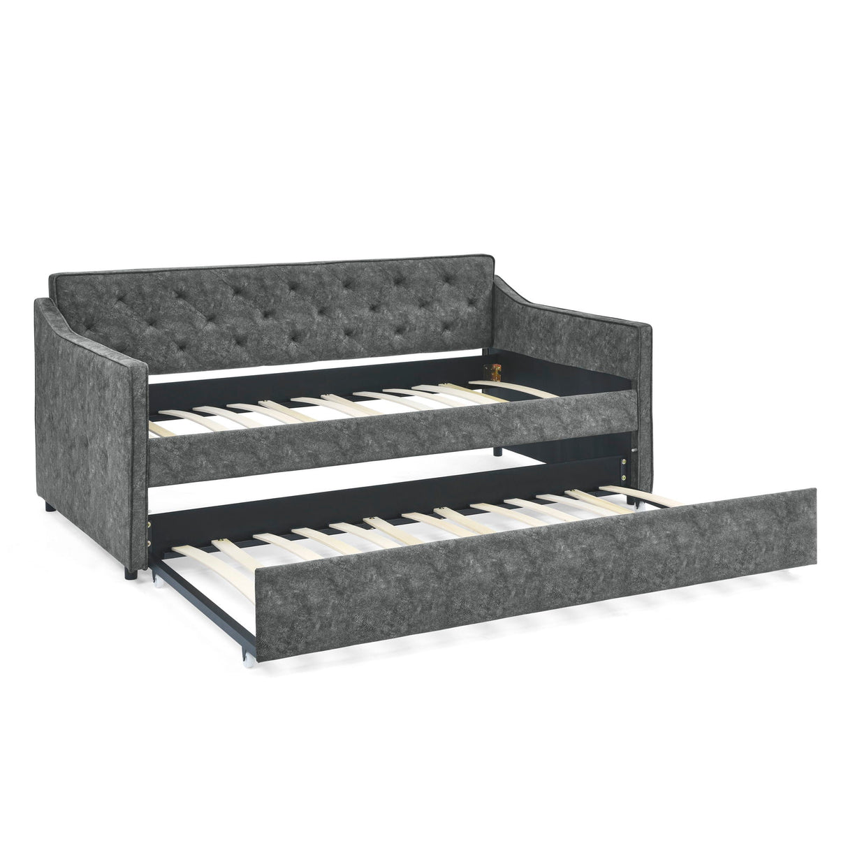 Twin Upholstered Daybed With Trundle, Waved Arms - Gray