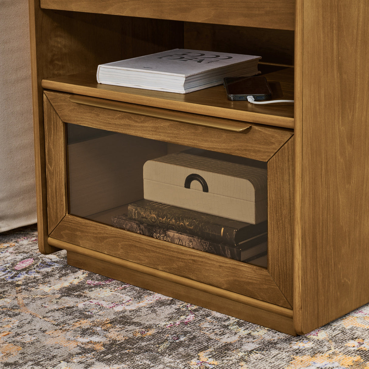 Mid Century Modern Nightstand with Charging Station & 2 Drawers