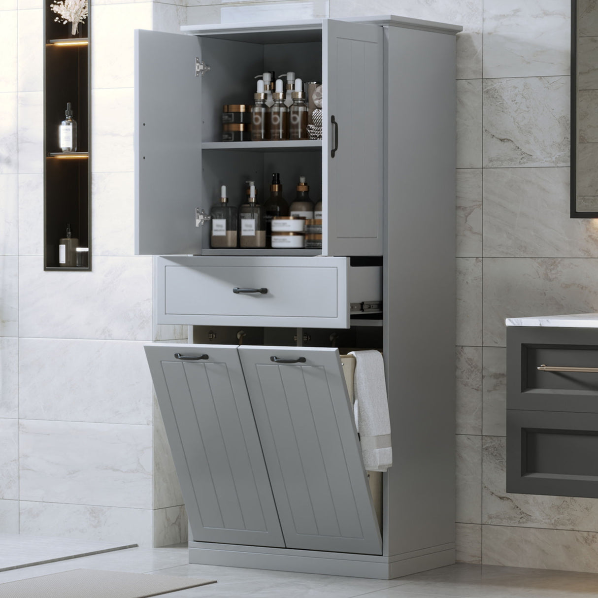 Modern Bathroom Storage Cabinet With Two Laundry Baskets, One Drawer, Adjustable Shelf