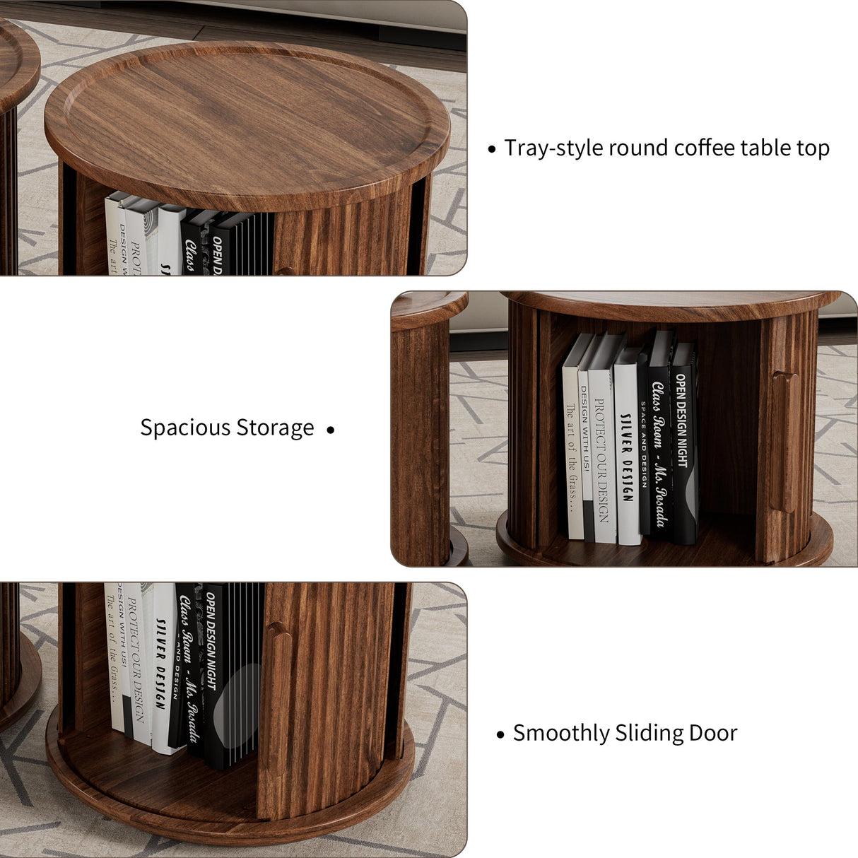 2Piece Round Coffee Table Set, Modern Nesting Side Tables with Sliding Door Storage