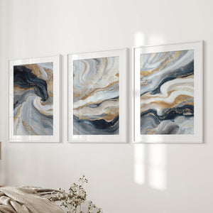 3 Piece Modern Abstract Marble Wall Art: Navy Blue and Gold