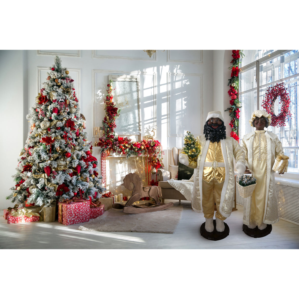 58-in. Dancing African American Santa Animatronic in Gold Coat with Prelit Christmas Tree