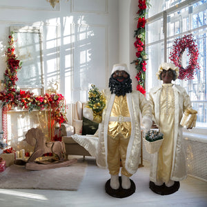 58-in. Dancing African American Santa Animatronic in Gold Coat with Prelit Christmas Tree