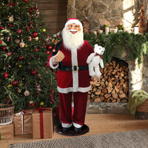 Fraser Hill Farm 58-in. Life-Size Dancing Santa Claus with Teddy Bear and Toy Sack Animatronic Figurine