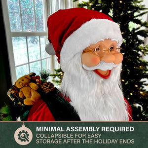 Fraser Hill Farm 58-in. Life-Size Dancing Santa Claus with Teddy Bear and Toy Sack Animatronic Figurine