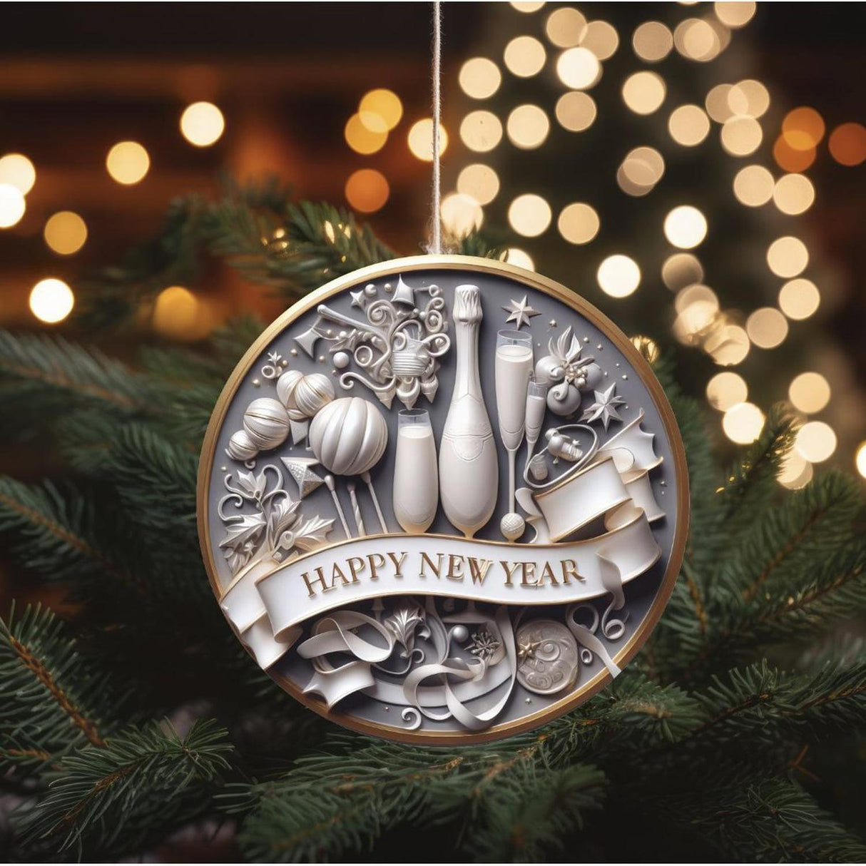 Faux 3D Happy New Year Round Sign - Wreath Enhancement
