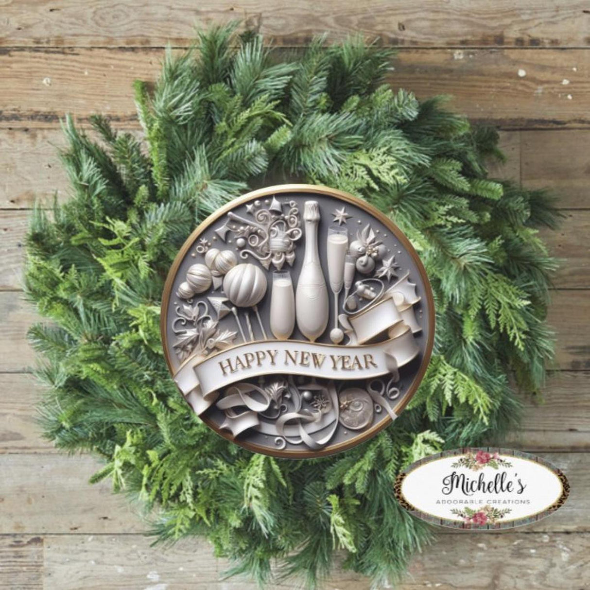 Faux 3D Happy New Year Round Sign - Wreath Enhancement