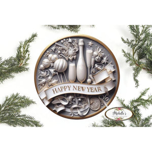 Faux 3D Happy New Year Round Sign - Wreath Enhancement