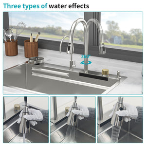 Waterfall Kitchen Sink With Pull Out Faucet & Cup Washer