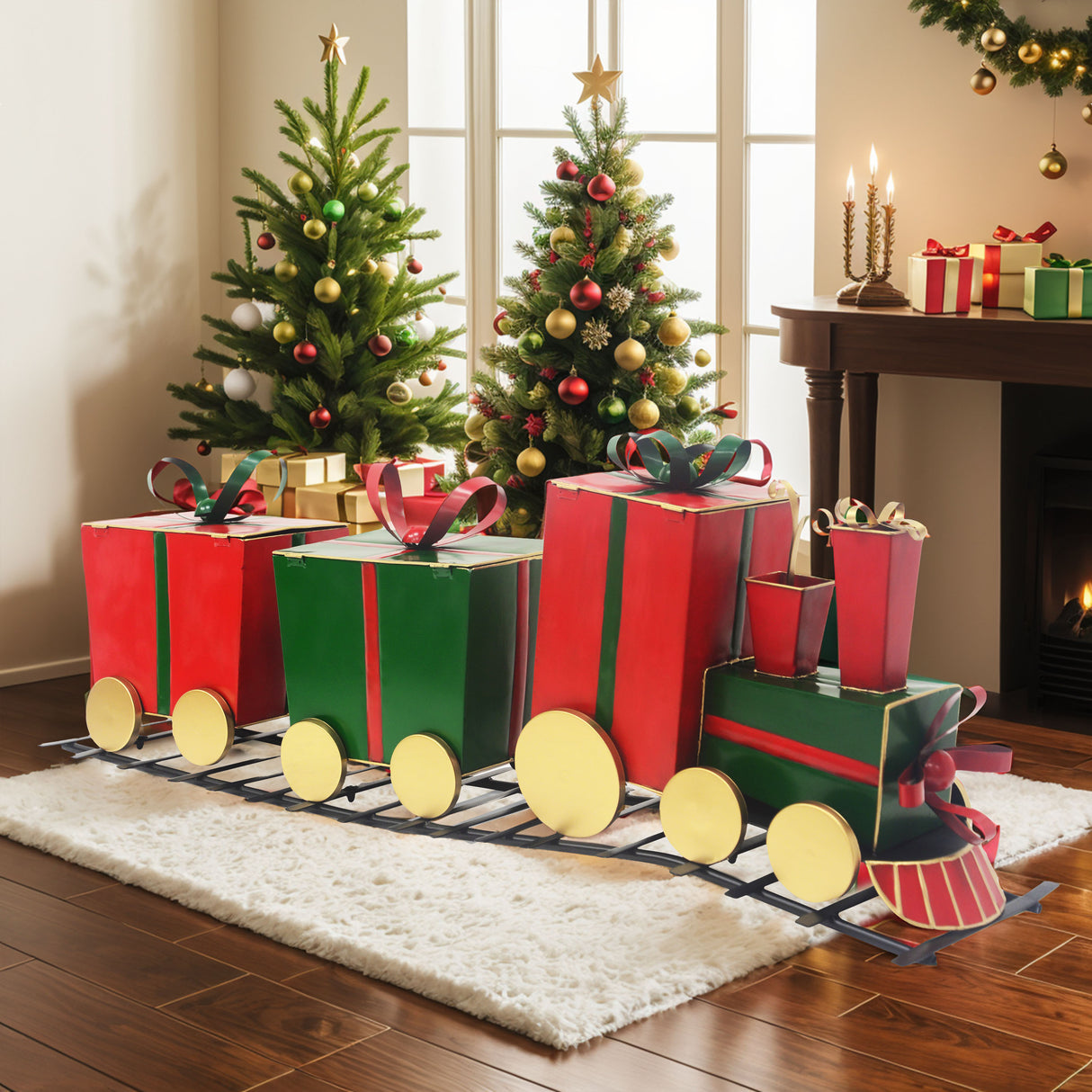 Festive Iron Train Decor with Gift-Shaped Carriages