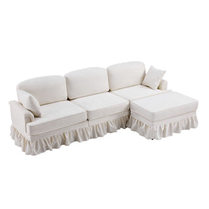 L-Shaped Sectional Sofa With Removable Ruffled Skirt, Flared Arms, Ottoman - White