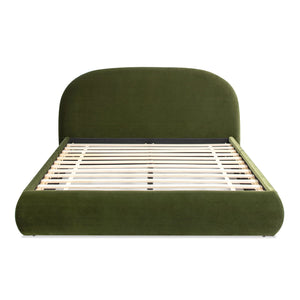 Archie Puffy Grounded Upholstered Platform Bed with Rounded Headboard - Green, White, Beige