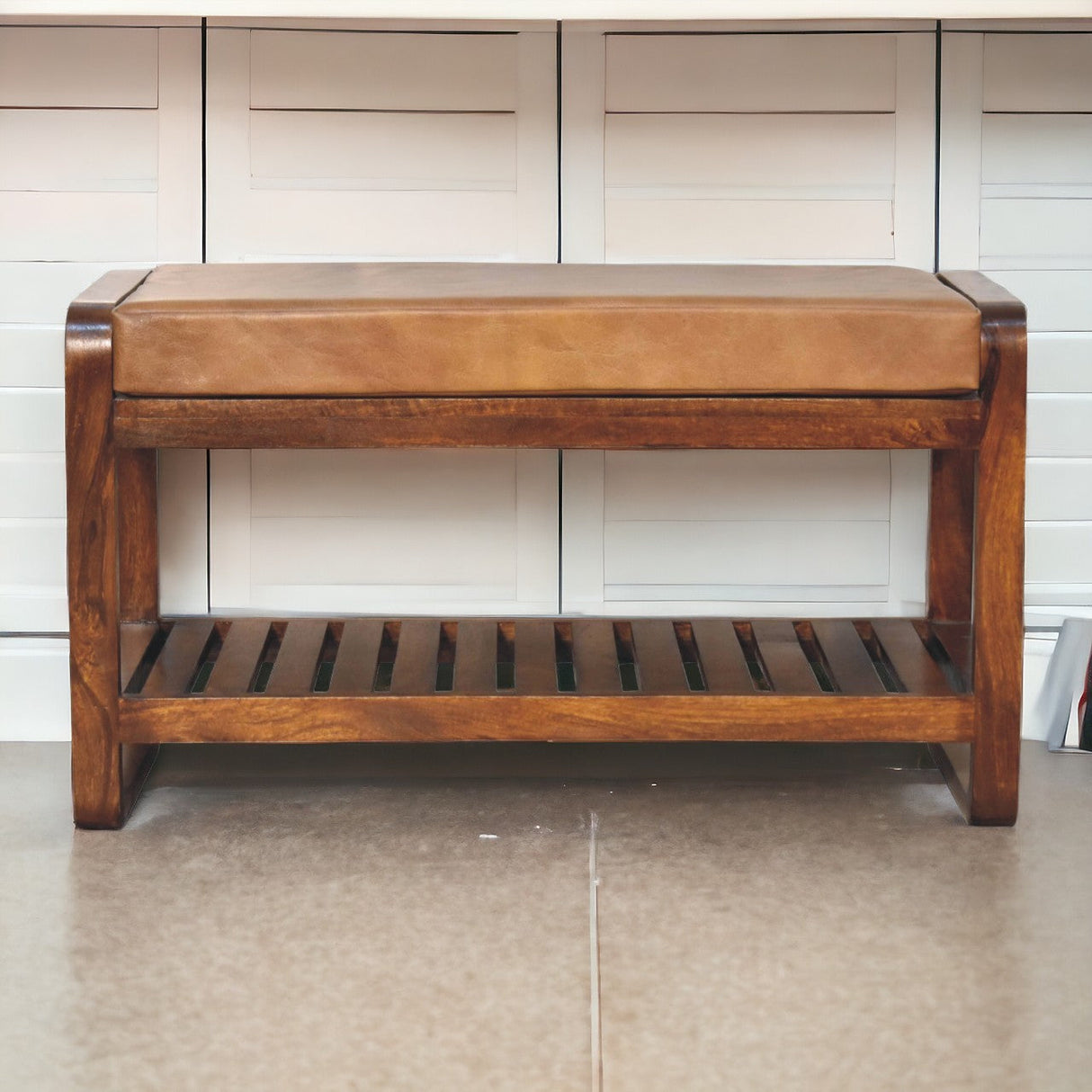 Solid Wood Small Buffalo Slatted Bench, Leather Upholstered, Open Storage