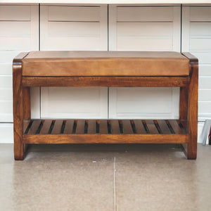 Solid Wood Small Buffalo Slatted Bench, Leather Upholstered, Open Storage