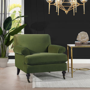 Alana 38" Lawson Accent Arm Chair Metal Casters, Olive Green Performance Velvet