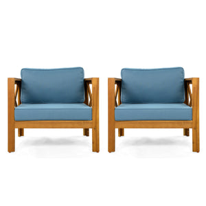 Outdoor Acacia Wood Club Wooden Armchair with Cushions (Set of 2)