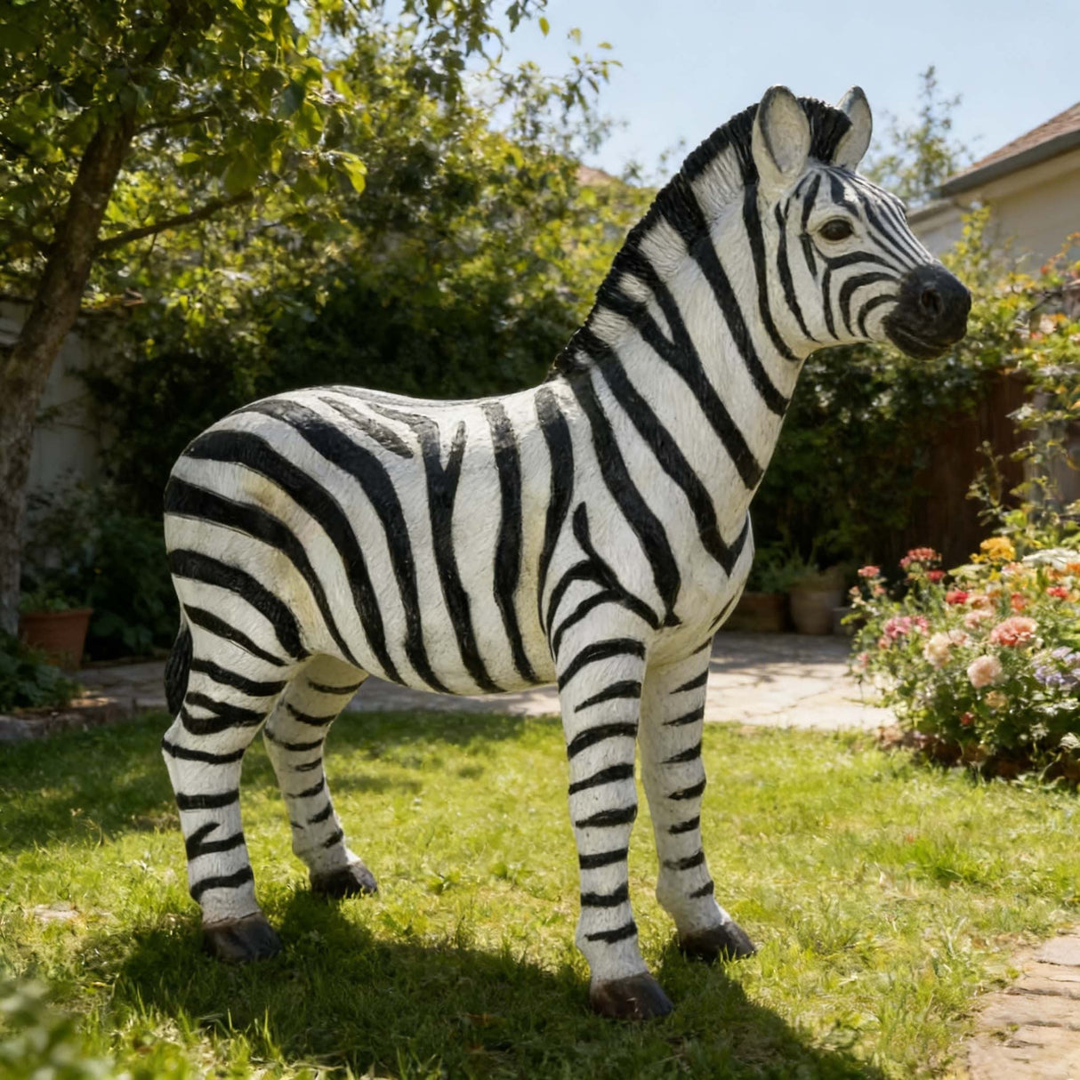 18.31' H x 19.49' L Simulated Zebra Garden Statue, Resin Outdoor & Indoor Decorative Ornament