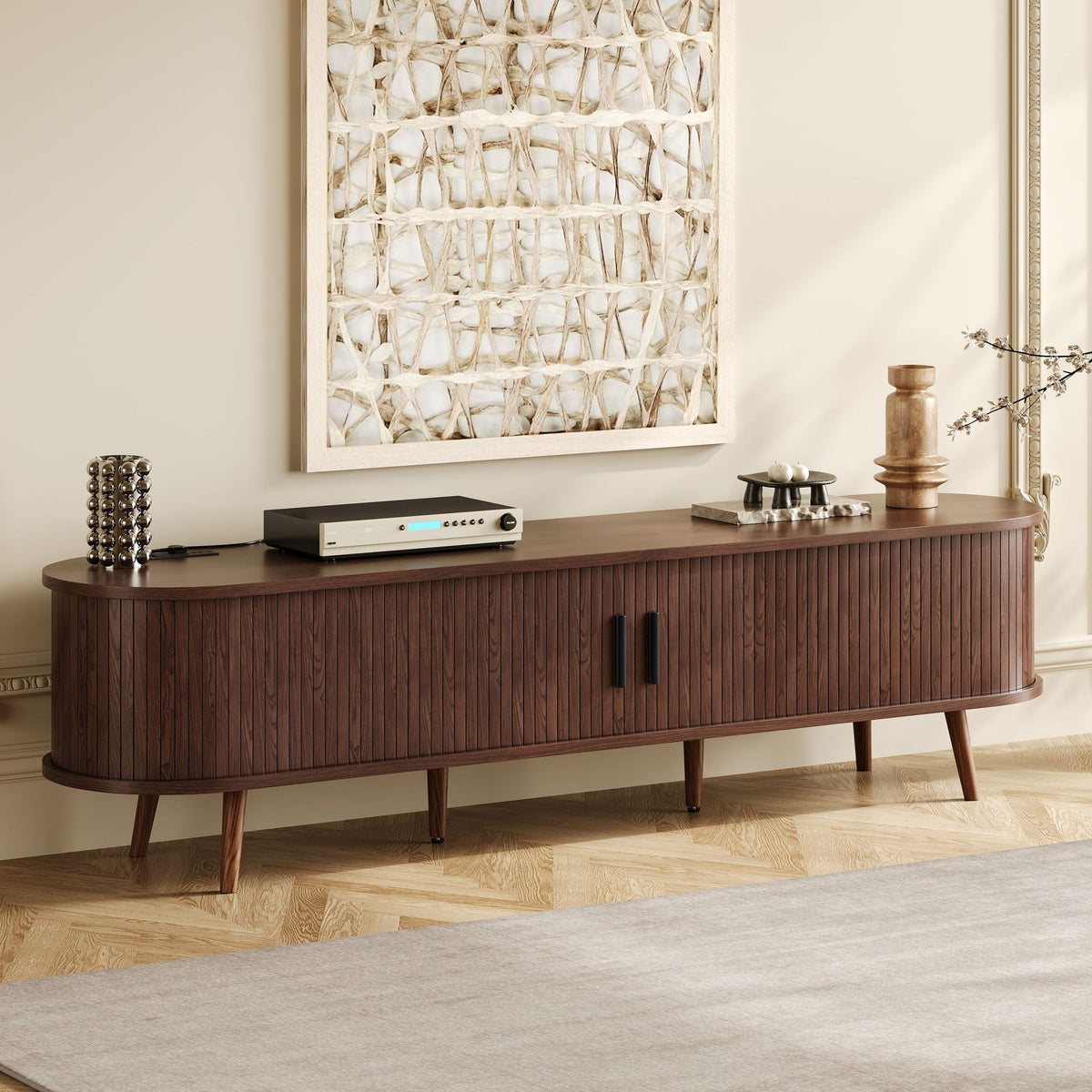 Mid-Century Modern TV Stand with Tambour Doors & Power Outlet - Natural Wood