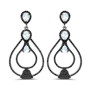 8.81 Carat Genuine Blue Topaz and Black Spinel .925 Sterling Silver Earrings