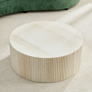 Faux Travertine Round Coffee Table with Eye-Catching Relief Design