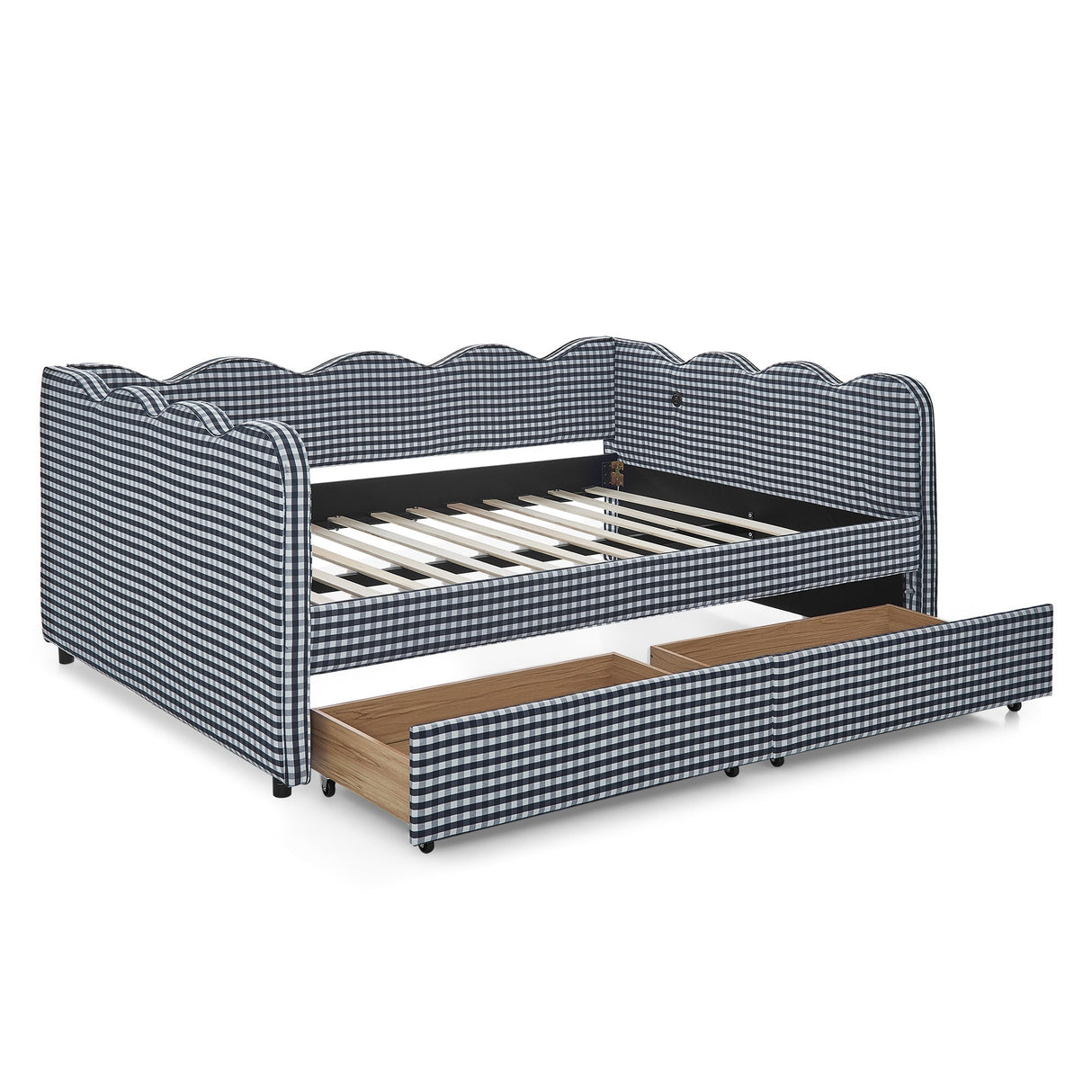 Full Size Cozy Gingham Daybed with Two Storage Drawers, with USB Port and Adorable Wave Shaped, Linen Fabric