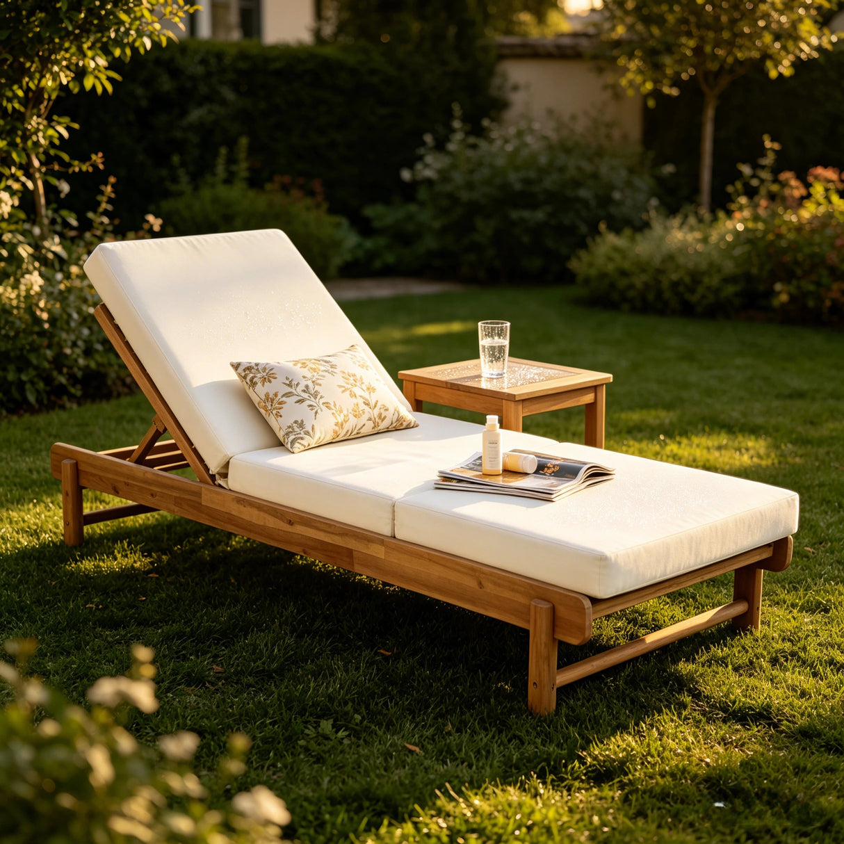 Light Teak Acacia Wood Chaise Lounge Set: 1 Frame + 1 3-Fold