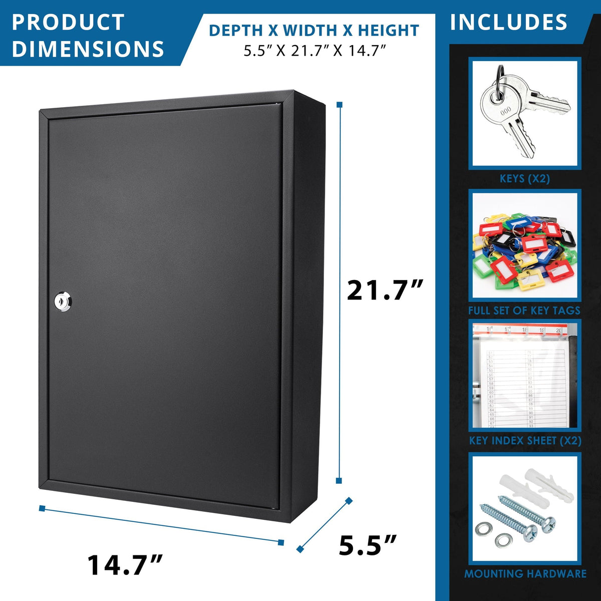 Adjustable Key Cabinet with Lock - Multiple Sizes, Gray or Black