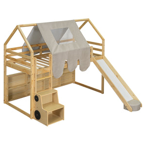 Loft Bed With House Shaped Frame And Tent