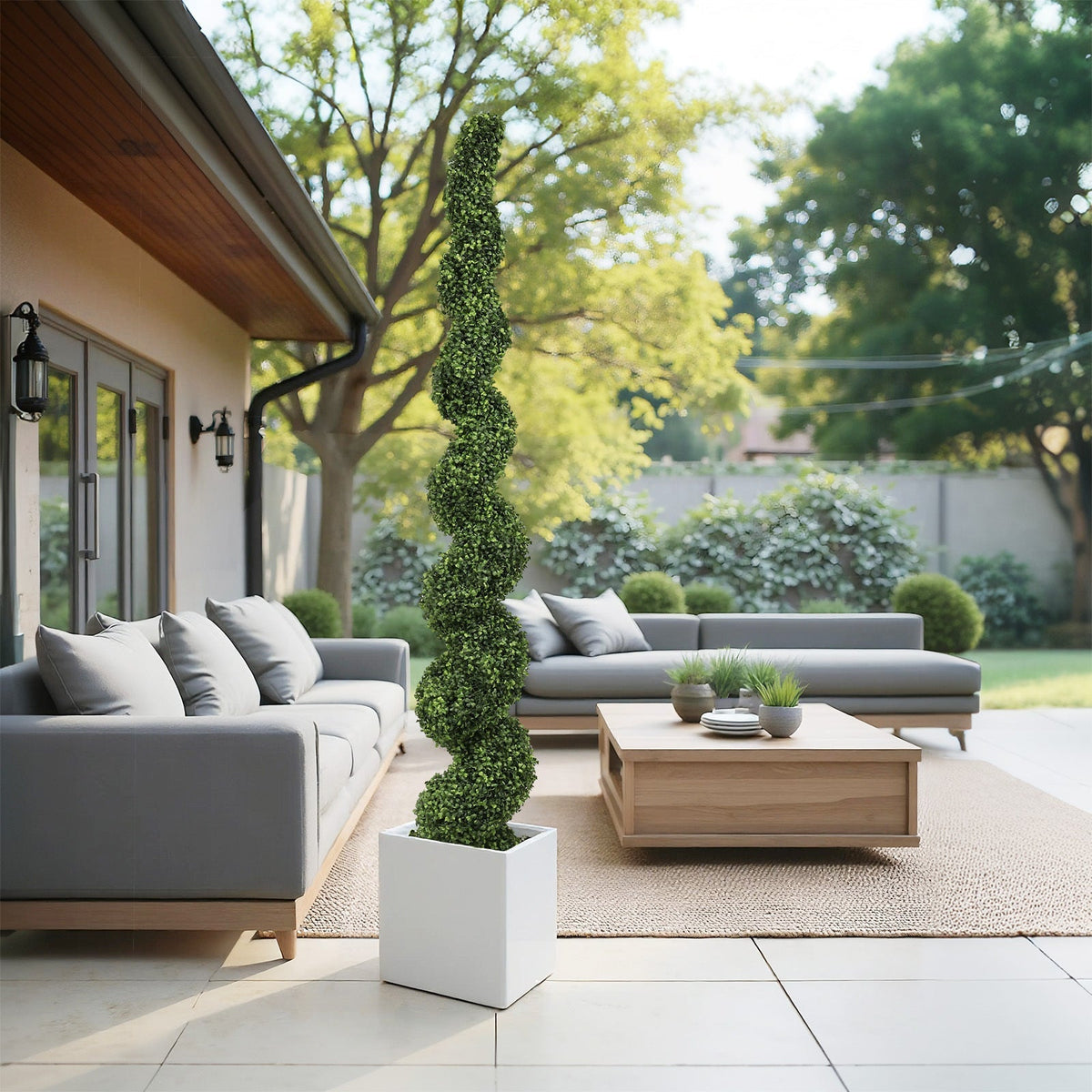 7FT Spiral Topiary Trees with Realistic Faux Boxwood - Green