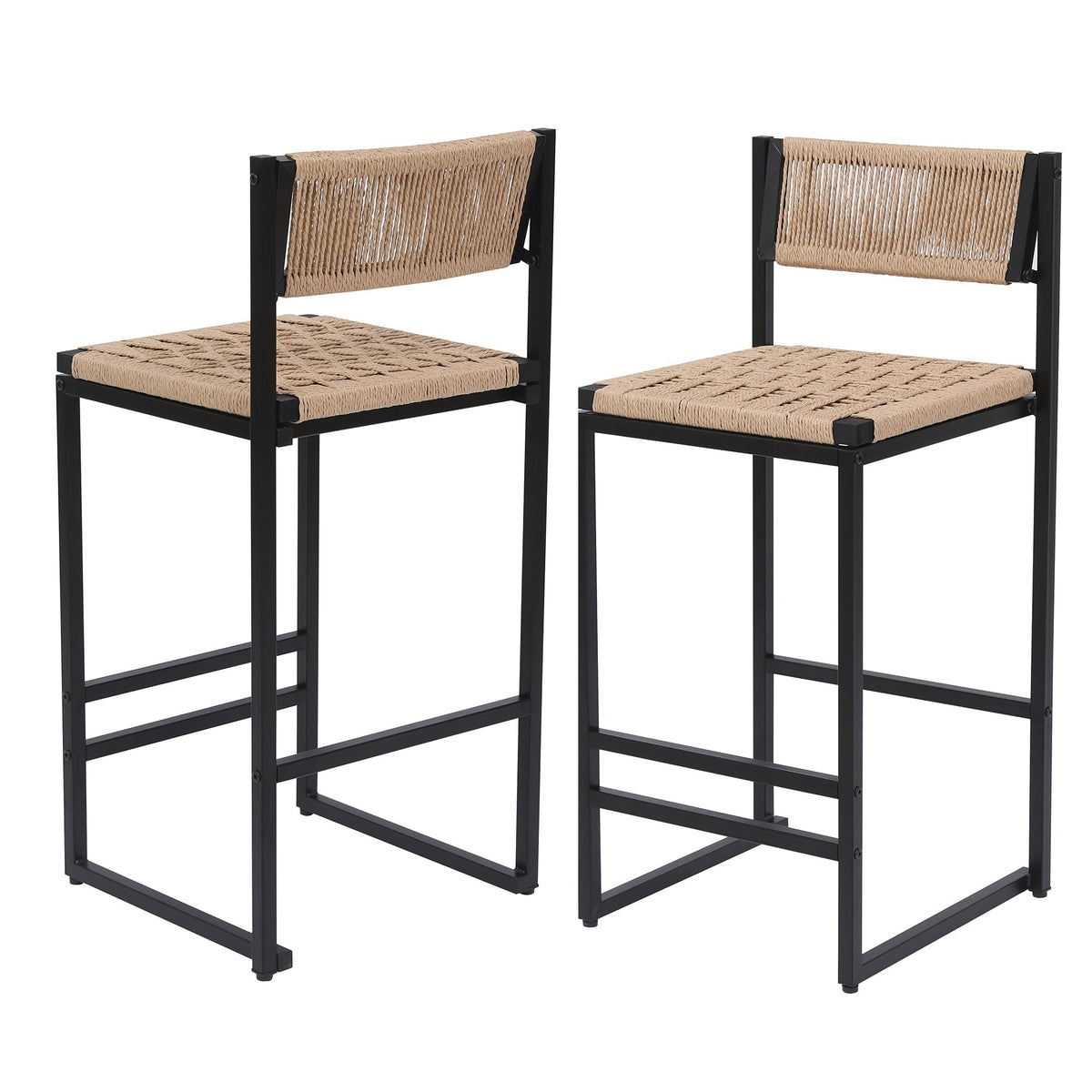 Kitchen Bar Stools with Footrest Set of 2 Paper Rope Weave Dining Chairs