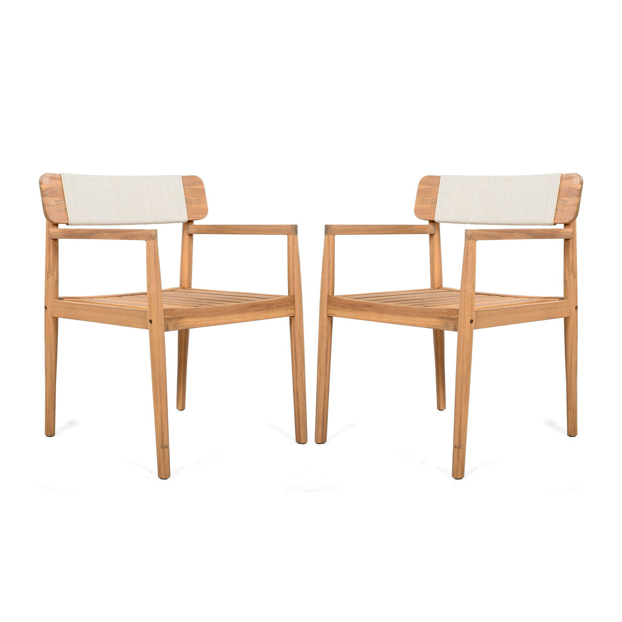 Creative Braided Acacia Wood Outdoor Dining Table And Chairs With Armrests (Set of 2) - Teak / White