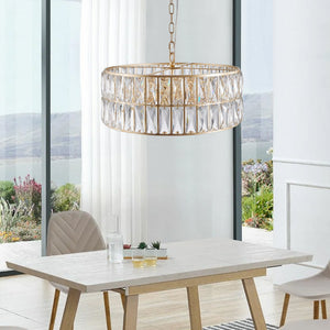 18' Golden Modern Crystal Drum Chandelier, 6-Light Pendant Lighting Fixture with Metal Frame
